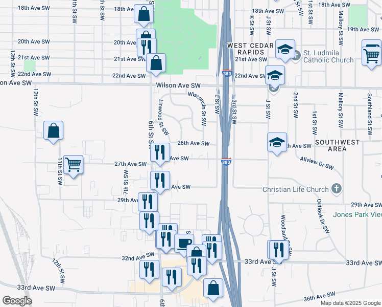 map of restaurants, bars, coffee shops, grocery stores, and more near 387 26th Avenue Southwest in Cedar Rapids
