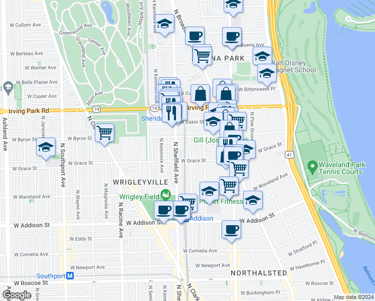 map of restaurants, bars, coffee shops, grocery stores, and more near 3818 North Wilton Avenue in Chicago