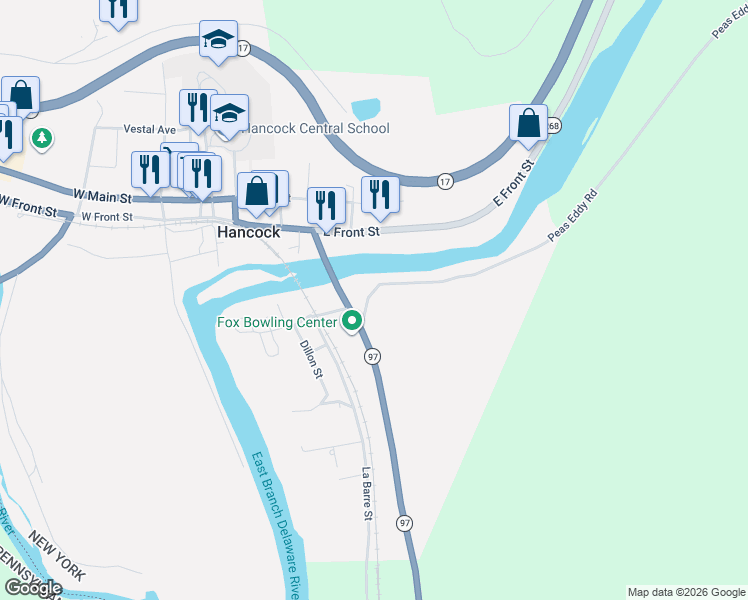map of restaurants, bars, coffee shops, grocery stores, and more near 84 Peas Eddy Road in Hancock