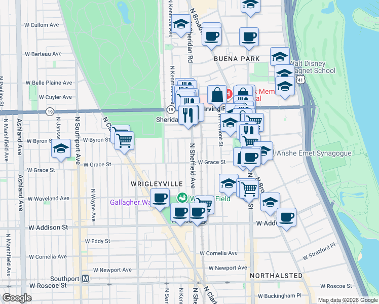 map of restaurants, bars, coffee shops, grocery stores, and more near 3820 North Sheffield Avenue in Chicago