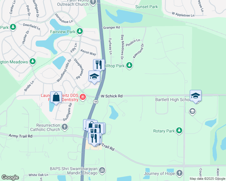 map of restaurants, bars, coffee shops, grocery stores, and more near 30W030 West Schick Road in Bartlett
