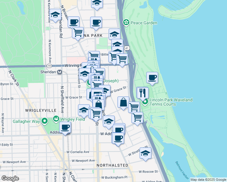 map of restaurants, bars, coffee shops, grocery stores, and more near 635w West Grace Street in Chicago