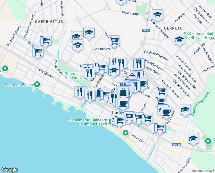 map of restaurants, bars, coffee shops, grocery stores, and more near 130/A Via La Spezia in Ladispoli