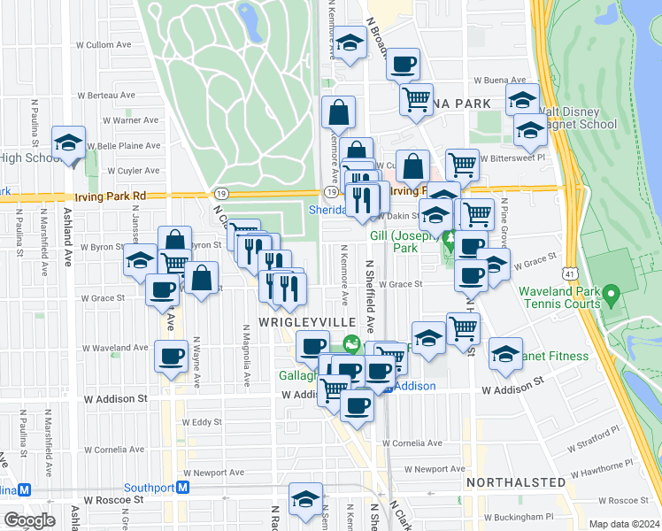 map of restaurants, bars, coffee shops, grocery stores, and more near 3823 North Alta Vista Terrace in Chicago