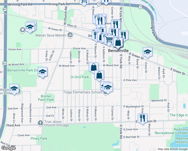 map of restaurants, bars, coffee shops, grocery stores, and more near 236 South Mason Street in Bensenville