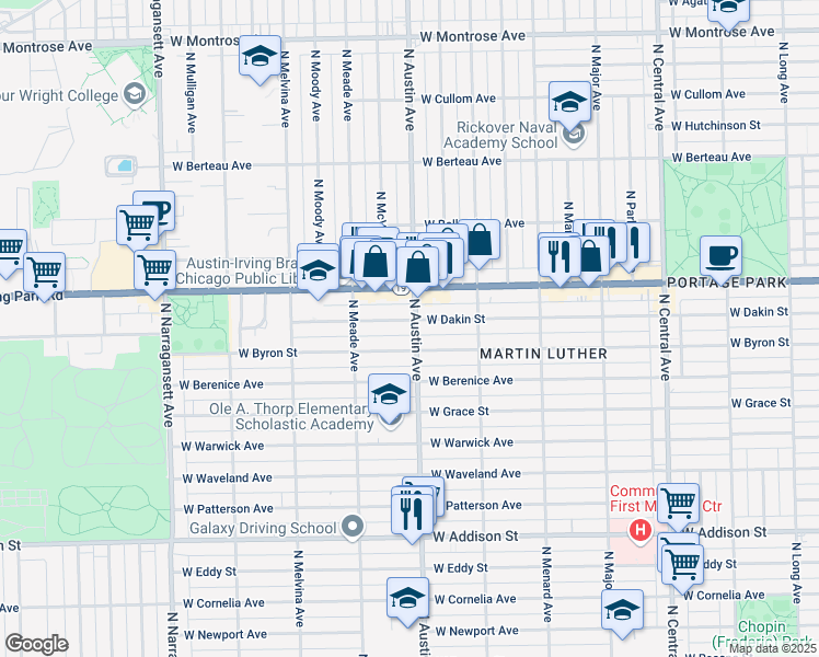 map of restaurants, bars, coffee shops, grocery stores, and more near 6005 West Dakin Street in Chicago