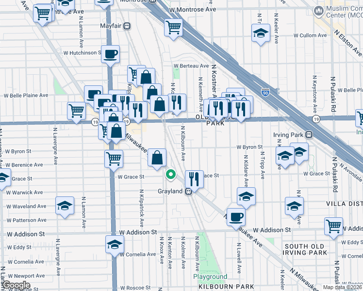 map of restaurants, bars, coffee shops, grocery stores, and more near 4500 West Byron Street in Chicago