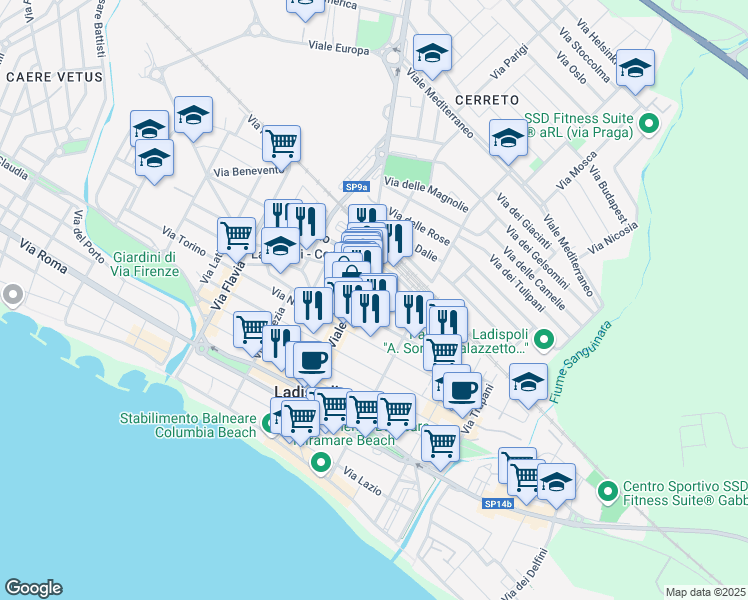 map of restaurants, bars, coffee shops, grocery stores, and more near 11 Via Bordighera in Ladispoli