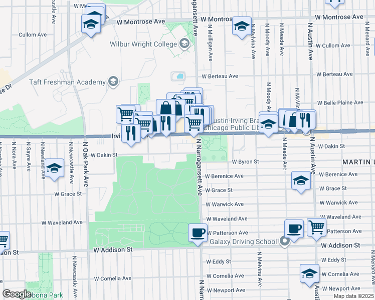 map of restaurants, bars, coffee shops, grocery stores, and more near 6422 West Dakin Street in Chicago