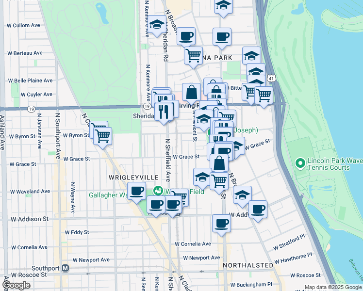 map of restaurants, bars, coffee shops, grocery stores, and more near 3823 North Wilton Avenue in Chicago