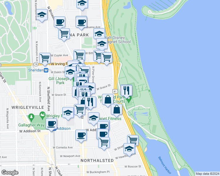 map of restaurants, bars, coffee shops, grocery stores, and more near 3754 North Lake Shore Drive in Chicago
