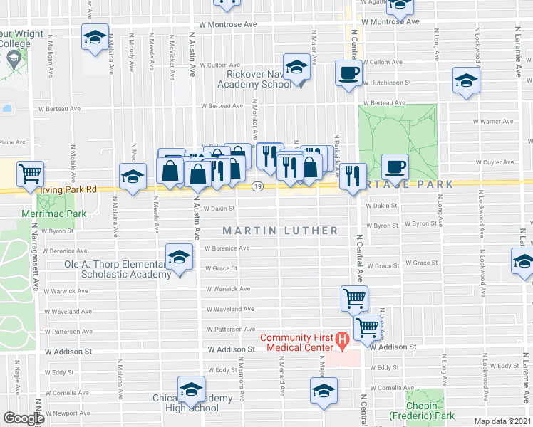 map of restaurants, bars, coffee shops, grocery stores, and more near 5807 W Dakin St in Chicago