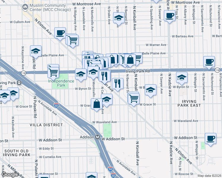 map of restaurants, bars, coffee shops, grocery stores, and more near N Elston Ave & N Drake Ave in Chicago