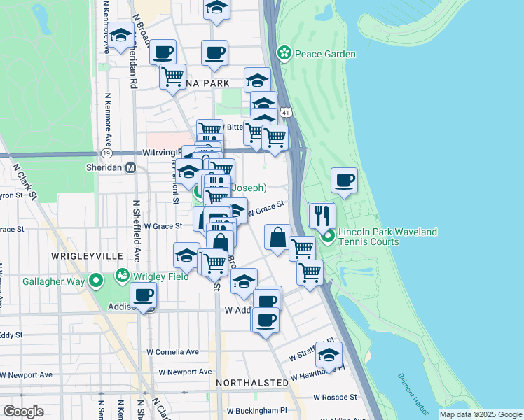 map of restaurants, bars, coffee shops, grocery stores, and more near 635w West Grace Street in Chicago
