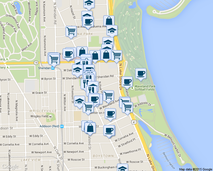 map of restaurants, bars, coffee shops, grocery stores, and more near 635w West Grace Street in Chicago