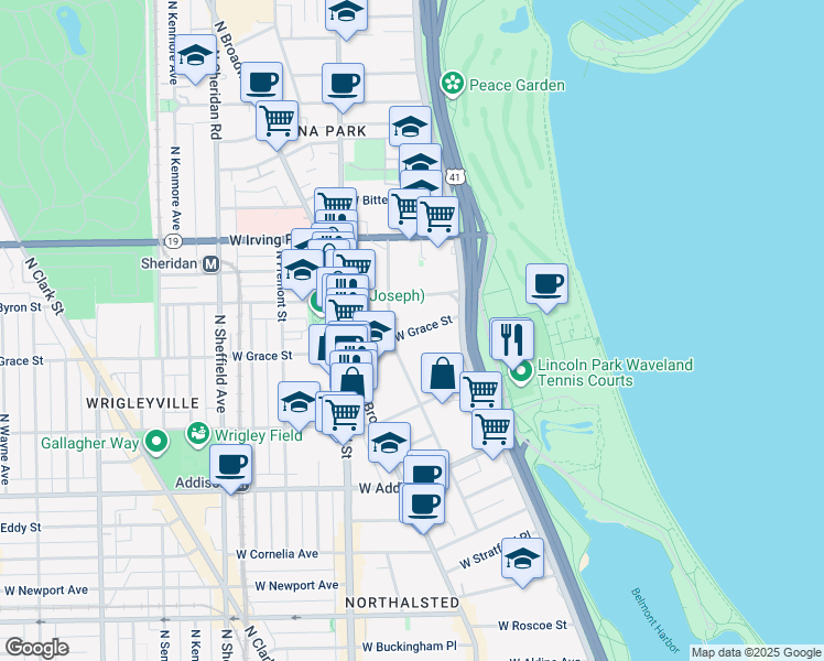 map of restaurants, bars, coffee shops, grocery stores, and more near 635w West Grace Street in Chicago