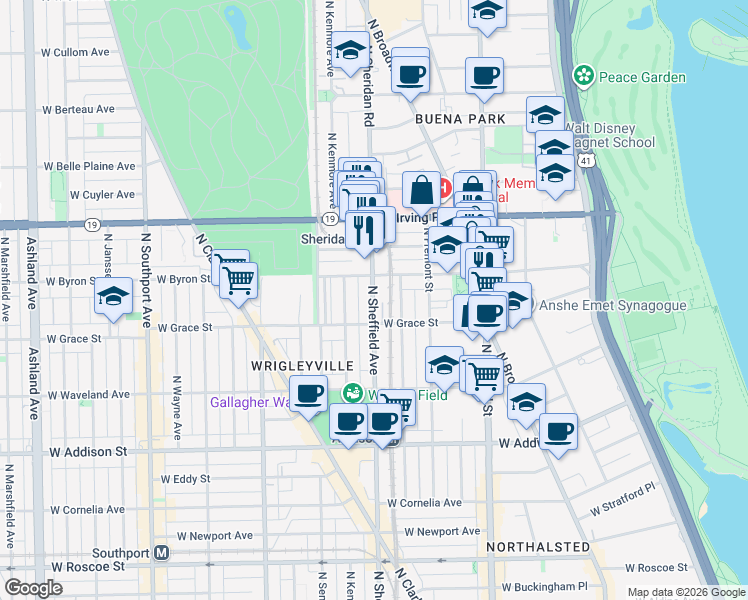 map of restaurants, bars, coffee shops, grocery stores, and more near 3825 North Sheffield Avenue in Chicago