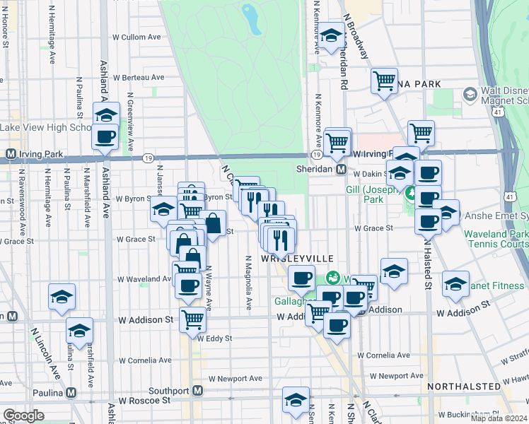map of restaurants, bars, coffee shops, grocery stores, and more near 3833 North Clark Street in Chicago