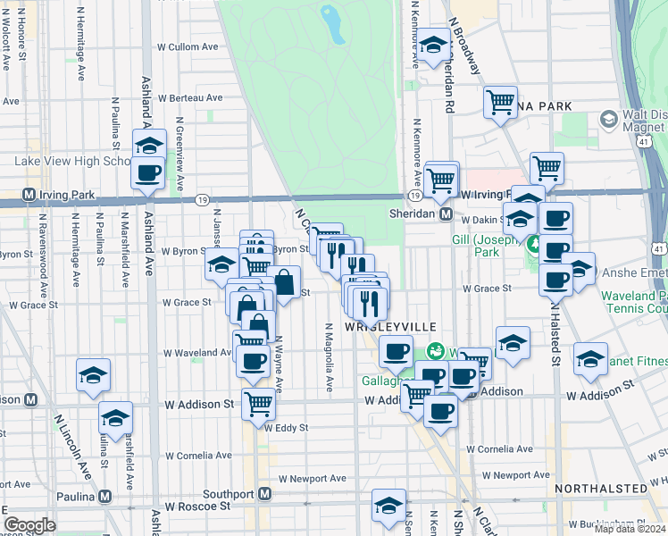 map of restaurants, bars, coffee shops, grocery stores, and more near 3833 North Clark Street in Chicago