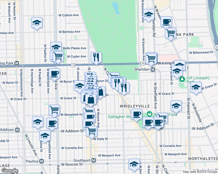 map of restaurants, bars, coffee shops, grocery stores, and more near 3831 North Lakewood Avenue in Chicago