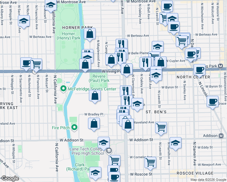 map of restaurants, bars, coffee shops, grocery stores, and more near 2439 West Byron Street in Chicago
