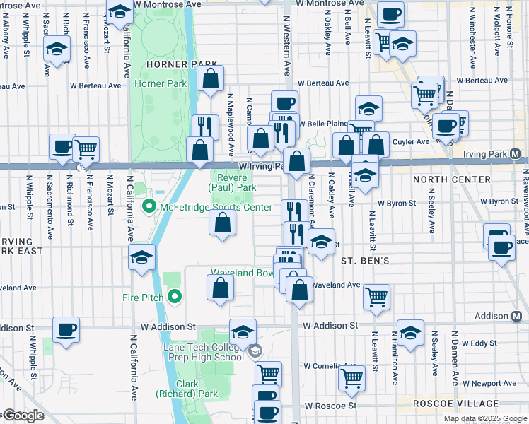 map of restaurants, bars, coffee shops, grocery stores, and more near 2439 West Byron Street in Chicago