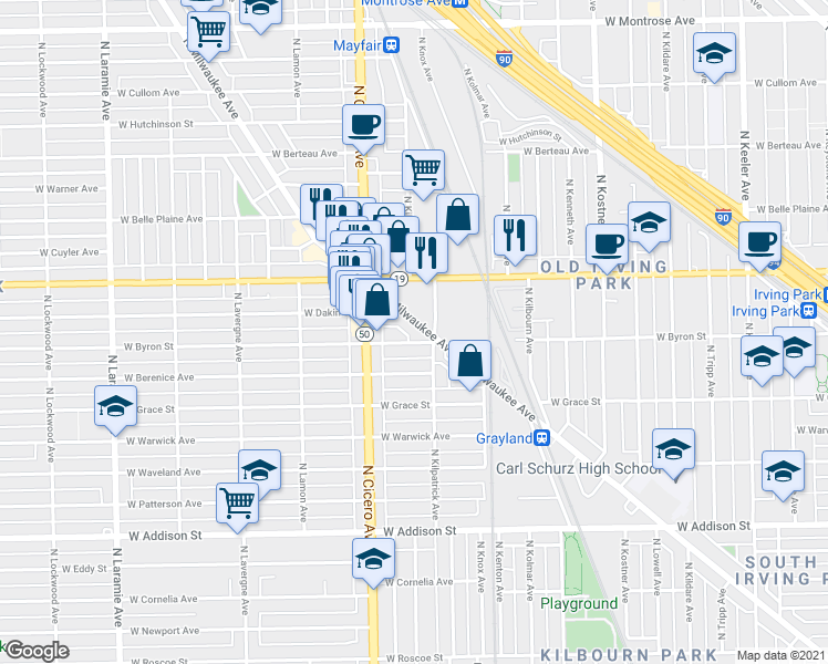 map of restaurants, bars, coffee shops, grocery stores, and more near 3930 North Milwaukee Avenue in Chicago
