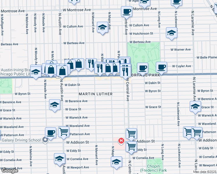 map of restaurants, bars, coffee shops, grocery stores, and more near 5701 West Dakin Street in Chicago