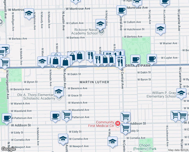 map of restaurants, bars, coffee shops, grocery stores, and more near 5739 West Dakin Street in Chicago