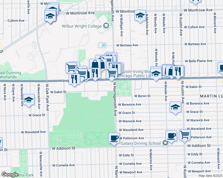 map of restaurants, bars, coffee shops, grocery stores, and more near 6422 West Dakin Street in Chicago