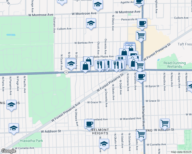 map of restaurants, bars, coffee shops, grocery stores, and more near 3947 North Olcott Avenue in Chicago