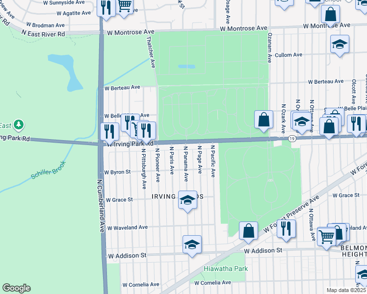 map of restaurants, bars, coffee shops, grocery stores, and more near 8101 Irving Park Road in Chicago
