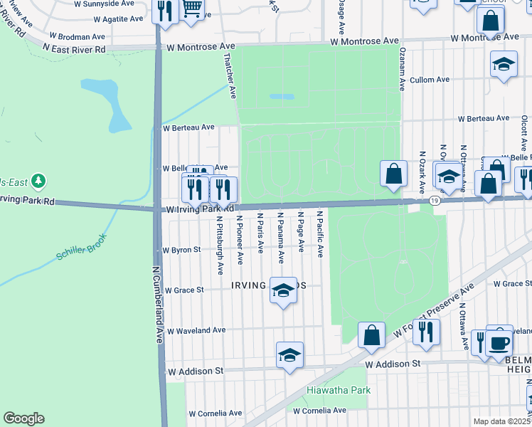 map of restaurants, bars, coffee shops, grocery stores, and more near 8101 Irving Park Road in Chicago