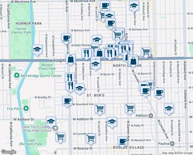 map of restaurants, bars, coffee shops, grocery stores, and more near 3848 North Leavitt Street in Chicago