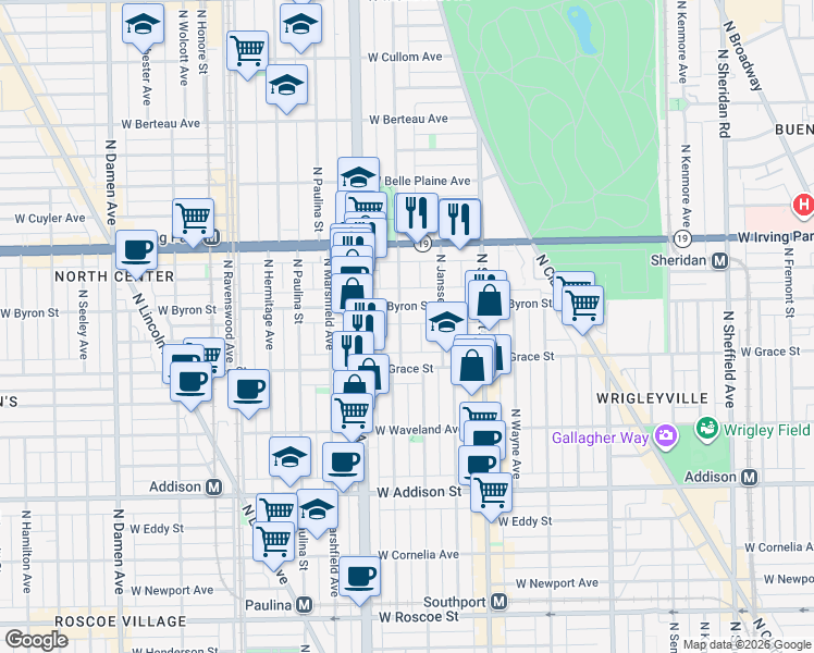 map of restaurants, bars, coffee shops, grocery stores, and more near 3841 North Greenview Avenue in Chicago