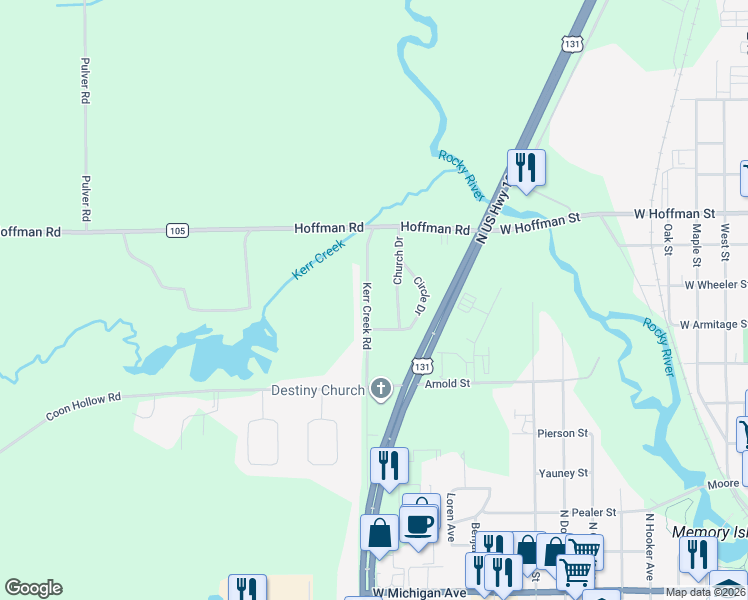 map of restaurants, bars, coffee shops, grocery stores, and more near 58161 Kerr Creek Road in Three Rivers