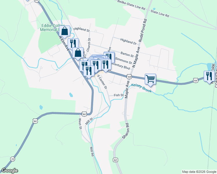 map of restaurants, bars, coffee shops, grocery stores, and more near 24 South Center Street in Millerton