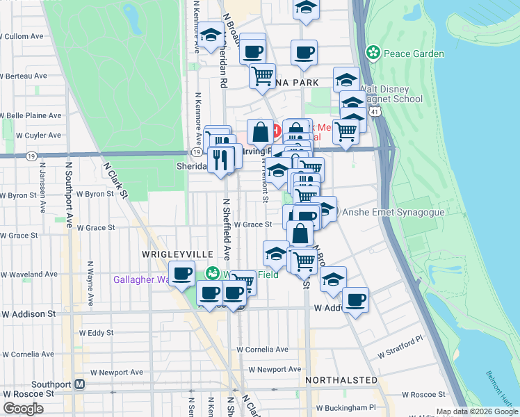 map of restaurants, bars, coffee shops, grocery stores, and more near 3824 North Fremont Street in Chicago