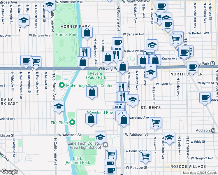 map of restaurants, bars, coffee shops, grocery stores, and more near 2439 West Byron Street in Chicago