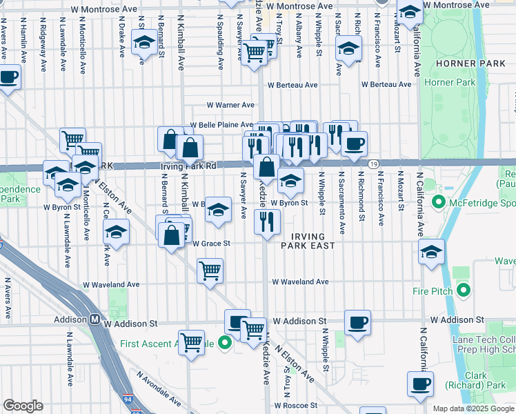 map of restaurants, bars, coffee shops, grocery stores, and more near 3858 North Kedzie Avenue in Chicago