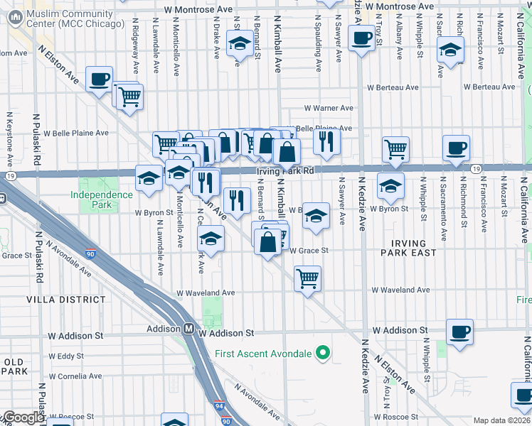 map of restaurants, bars, coffee shops, grocery stores, and more near 3859 North Bernard Street in Chicago