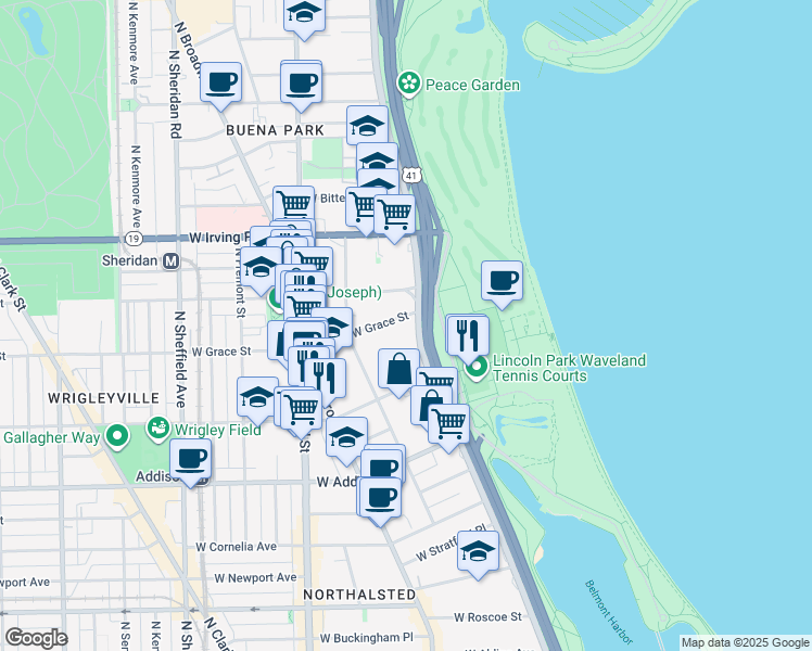 map of restaurants, bars, coffee shops, grocery stores, and more near 3750 North Lake Shore Drive in Chicago