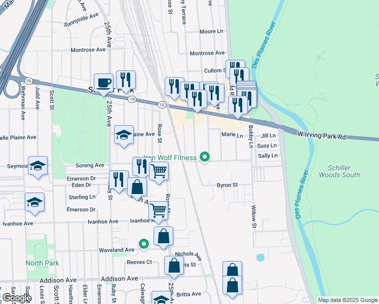 map of restaurants, bars, coffee shops, grocery stores, and more near 4022 Wesley Terrace in Schiller Park