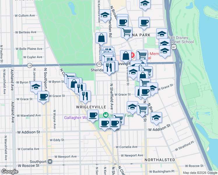 map of restaurants, bars, coffee shops, grocery stores, and more near 3824 North Sheffield Avenue in Chicago