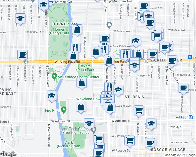 map of restaurants, bars, coffee shops, grocery stores, and more near 2439 West Byron Street in Chicago