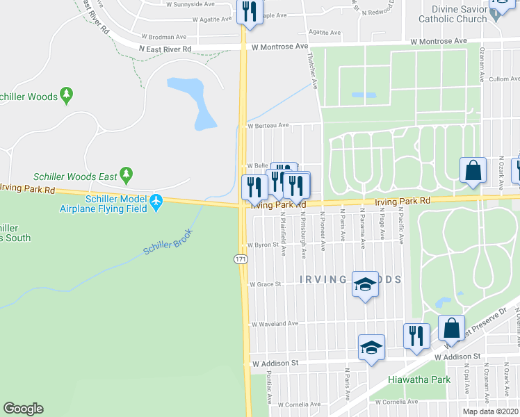 map of restaurants, bars, coffee shops, grocery stores, and more near 8335 Irving Park Road in Chicago