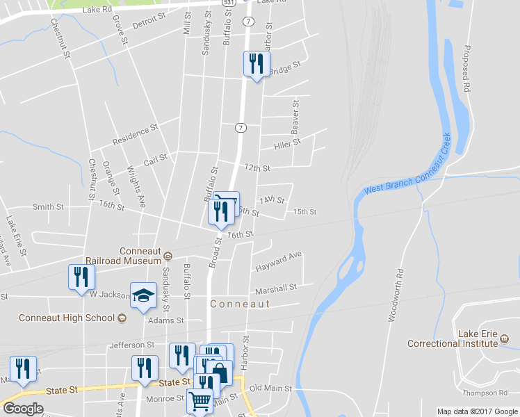 map of restaurants, bars, coffee shops, grocery stores, and more near 514 Harbor Street in Conneaut