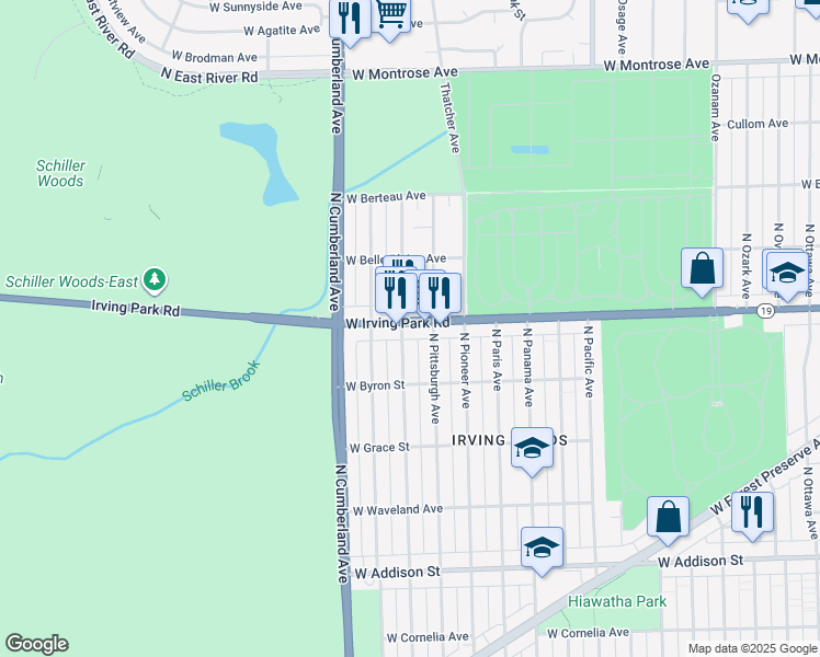 map of restaurants, bars, coffee shops, grocery stores, and more near 8255 Illinois 19 in Chicago