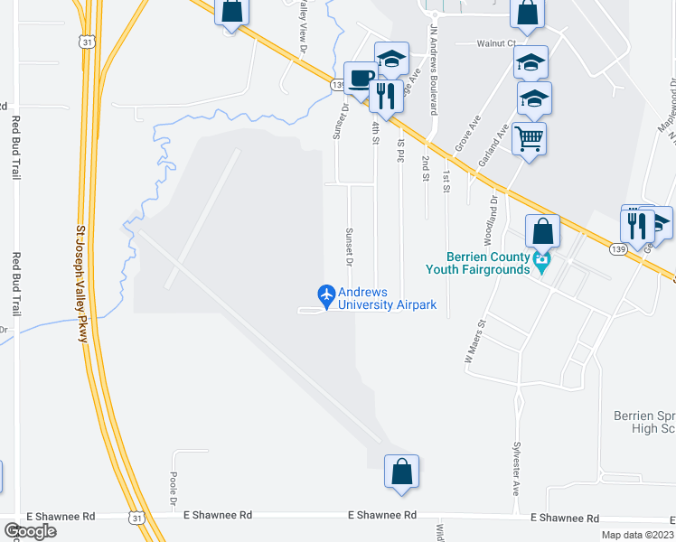 map of restaurants, bars, coffee shops, grocery stores, and more near 9226 Sunset Drive in Berrien Springs