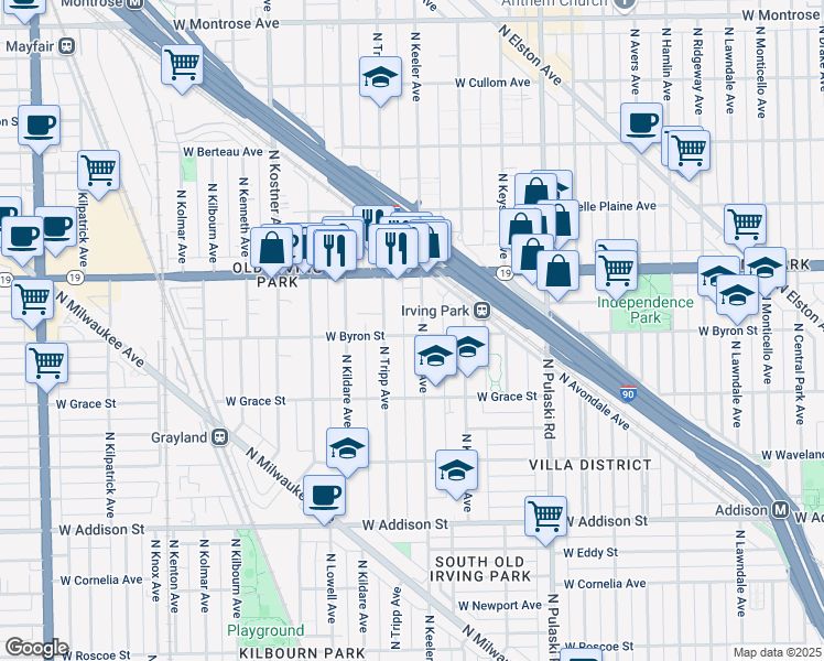 map of restaurants, bars, coffee shops, grocery stores, and more near 3900 North Keeler Avenue in Chicago